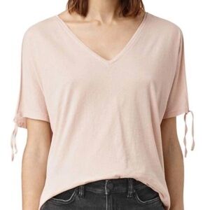 All Saints Women’s V-Neck Short Sleeve Tie-Sleeve Top in Light Pink 100% cotton
